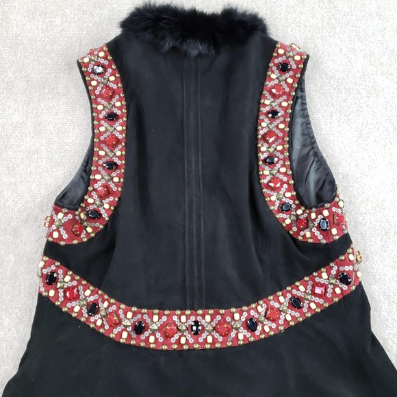 Double D Ranch Vest Women Medium Long Black Leather Beaded Removeable Fur Trim - Picture 15 of 15